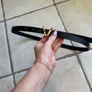 Black Leather Belt with Gold V Buckle - Women Accessories